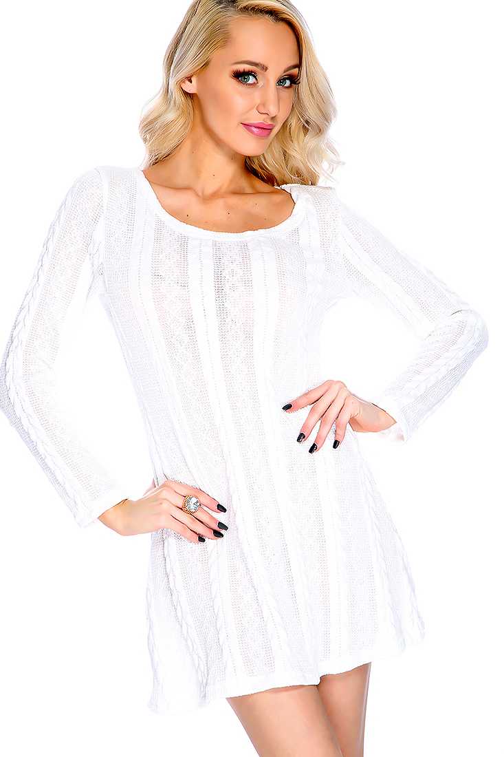 Casual White Long Sleeves Textured Sweater Dress