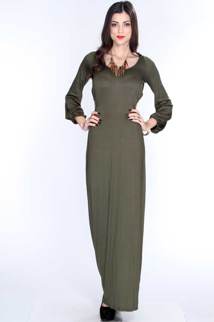Olive Cutout Bodice Long Sleeve Maxi Dress