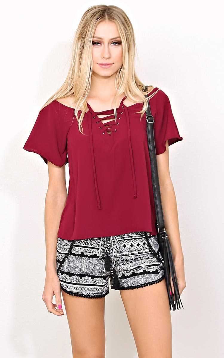 Wine Lace Up Cold Shoulder Top - - Burgundy in Size by Styles For Less