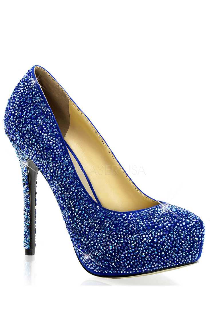 Blue Rhinestone Platform Pump Heels Faux Suede