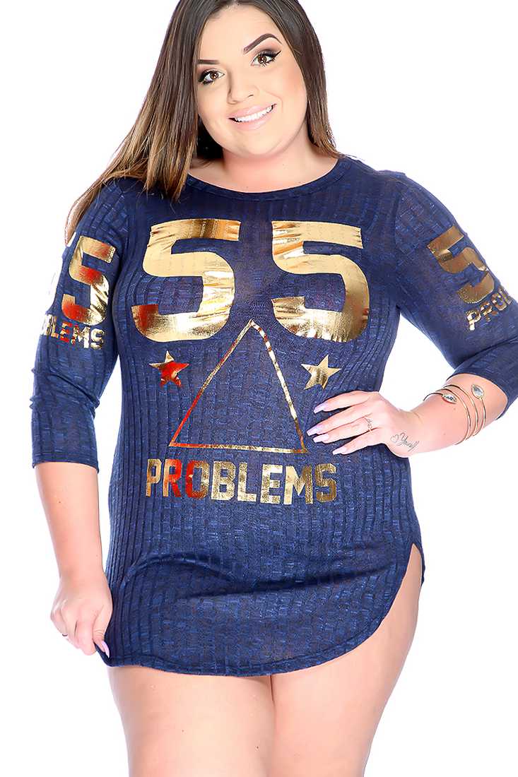 Casual Navy Quarter Sleeve Metallic Graphic Print Plus Size Dress