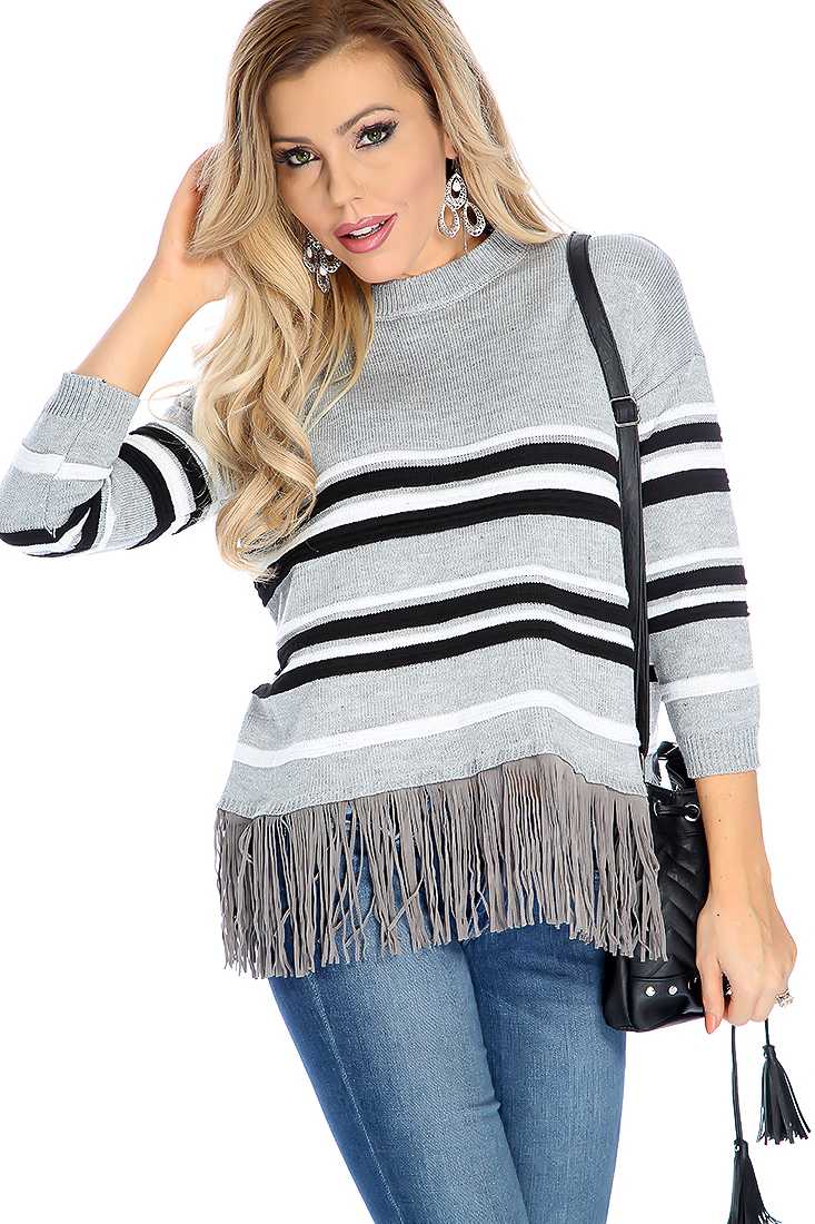 Casual Grey Fringe Hem Stripe Print Sweater