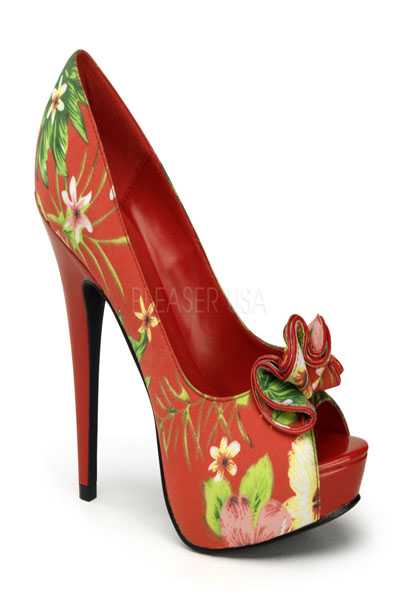 Red Floral Fabric Peep Toe Pumps