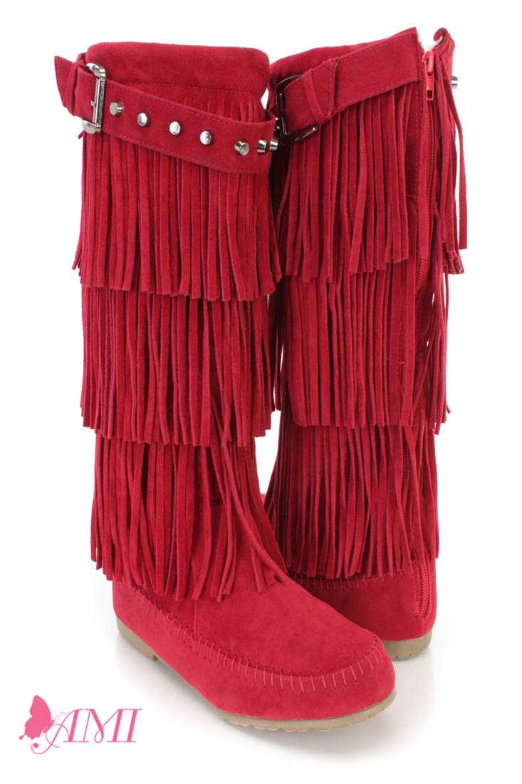 Red Fringe Tiered Moccasin Boots Faux Suede