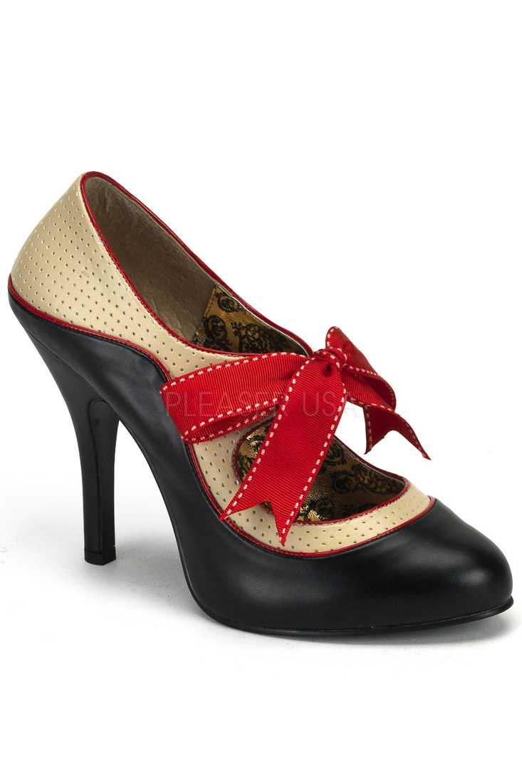 Black Cream Perforated Bow Tie High Heels Faux Leather