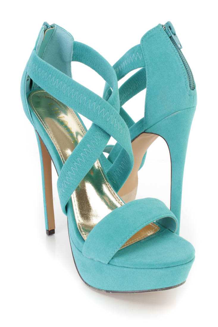 Seagreen Cross Strappy Platform High Heels Faux Suede