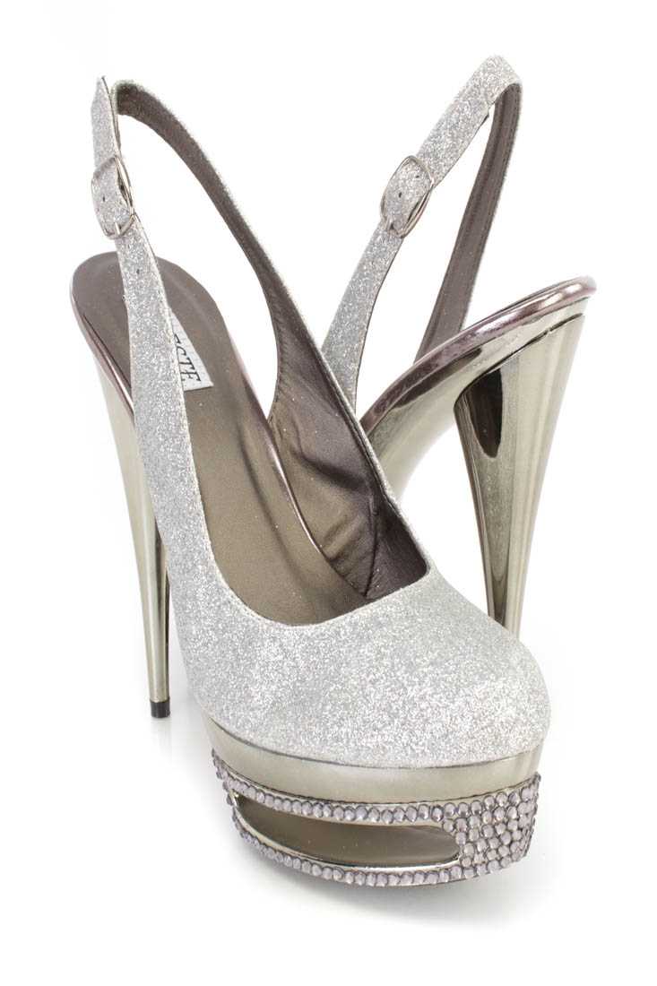 Silver Rhinestone Slingback Platform 6 Inch High Heels Glitter