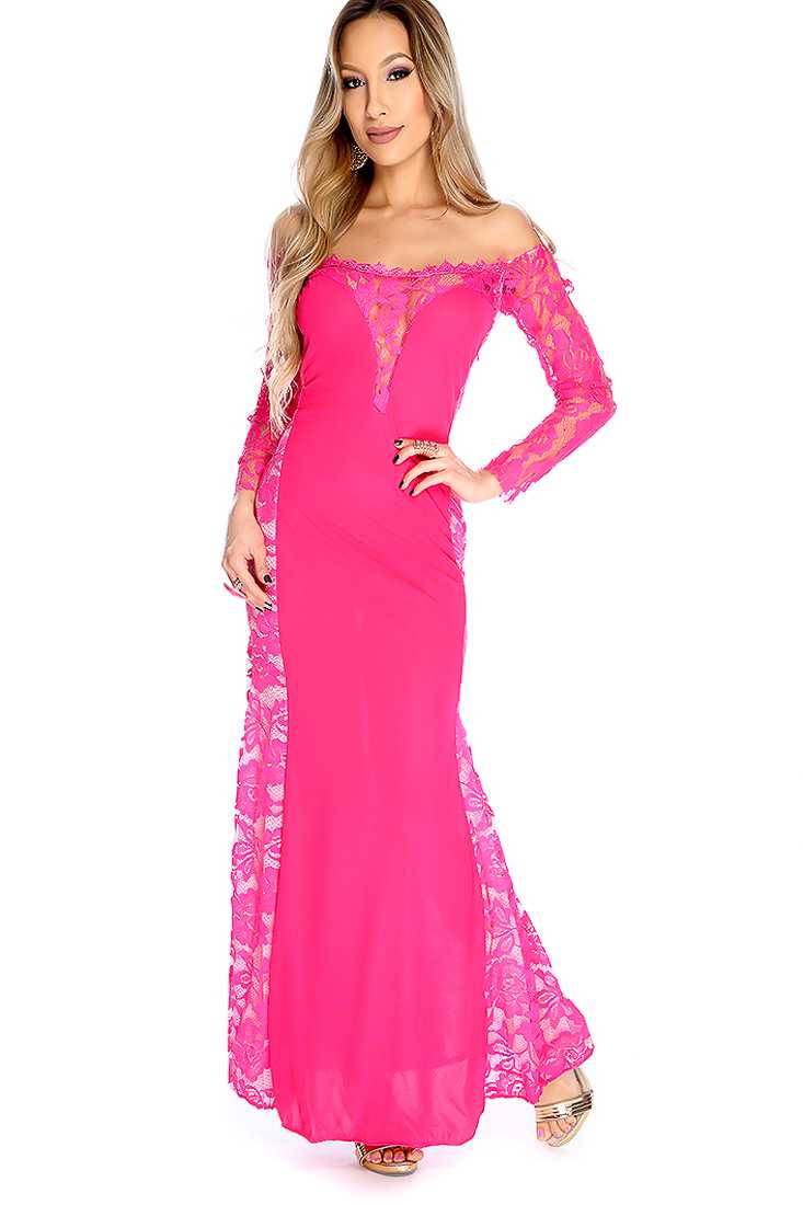 Sexy Hot Pink Floral Off Shoulders Maxi Prom Dress