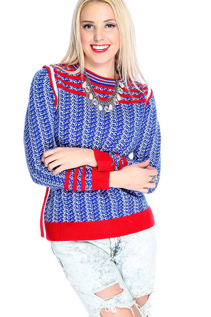 Royal Blue White Long Sleeve Round Neck Sweater