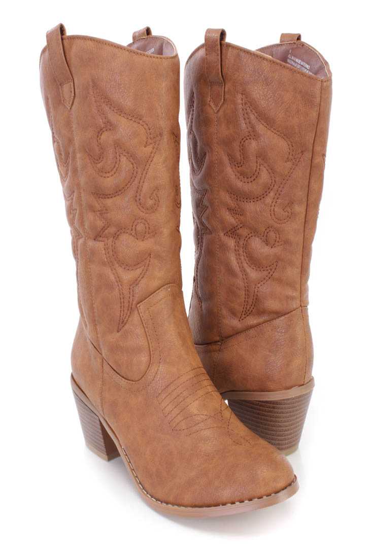 Tan Stitched Cowboy Style Boots Faux Leather