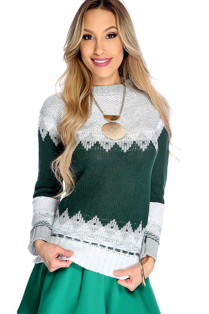 Forest Green Long Sleeve Two Tone Causal Sweater Top