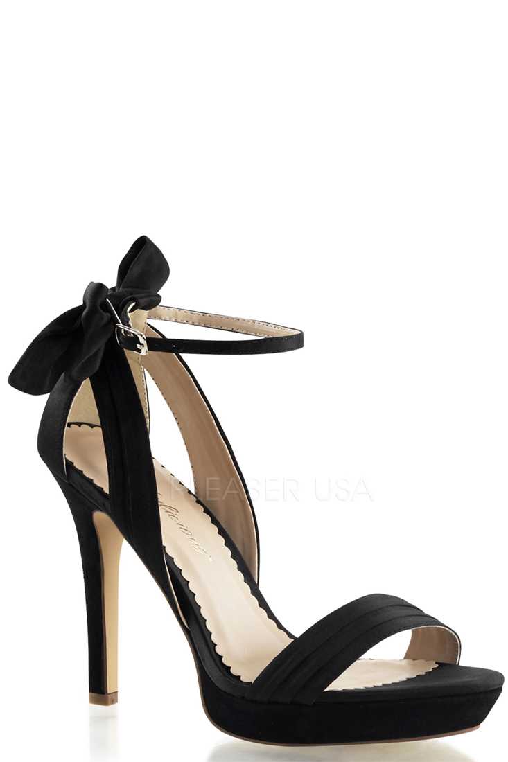 Black Pleated Bow Tie Strappy High Heels Satin