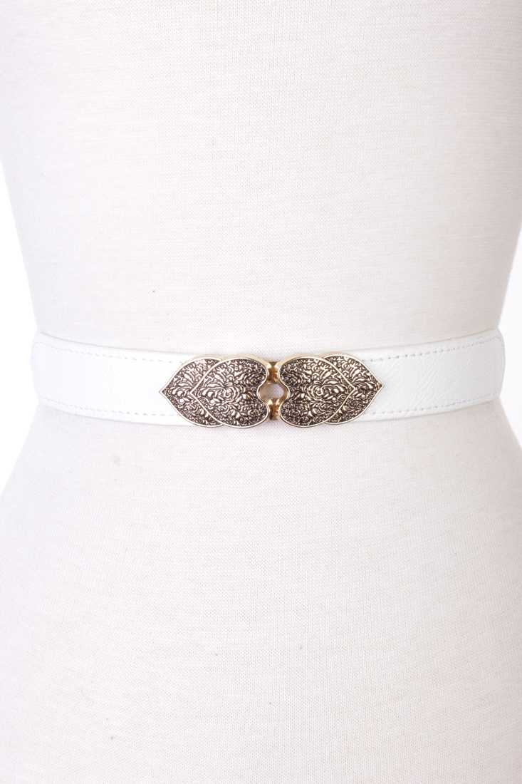 White Faux Leather Heart Intricate Design Elastic-band Waist Belt