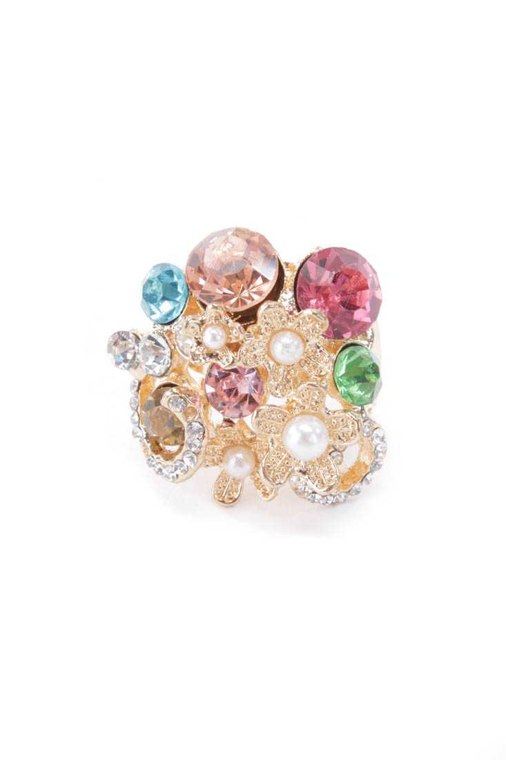 Rainbow Gold Rhinestone Pearl Flower Detail Ring