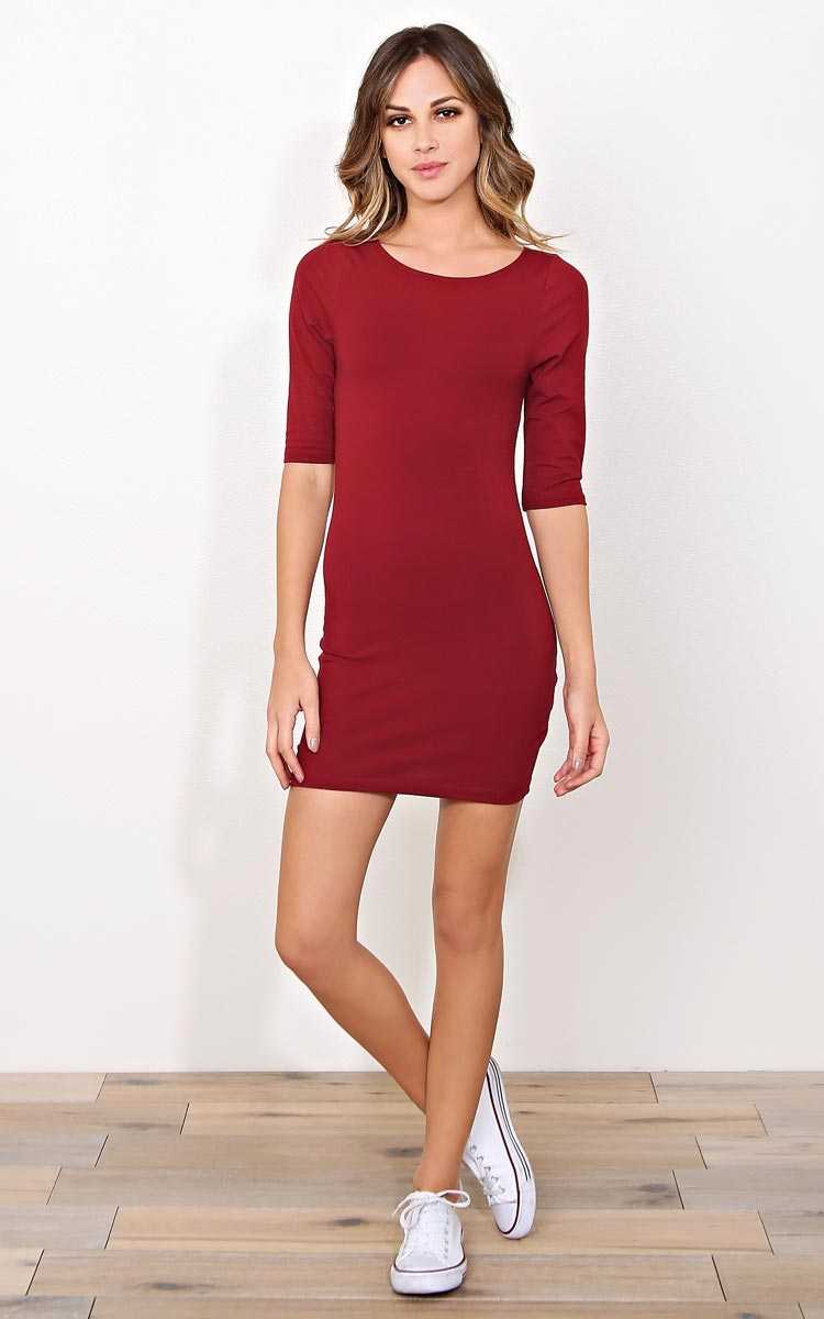 Burgundy 3/4 Sleeve Mini Dress - - Burgundy in Size by Styles For Less