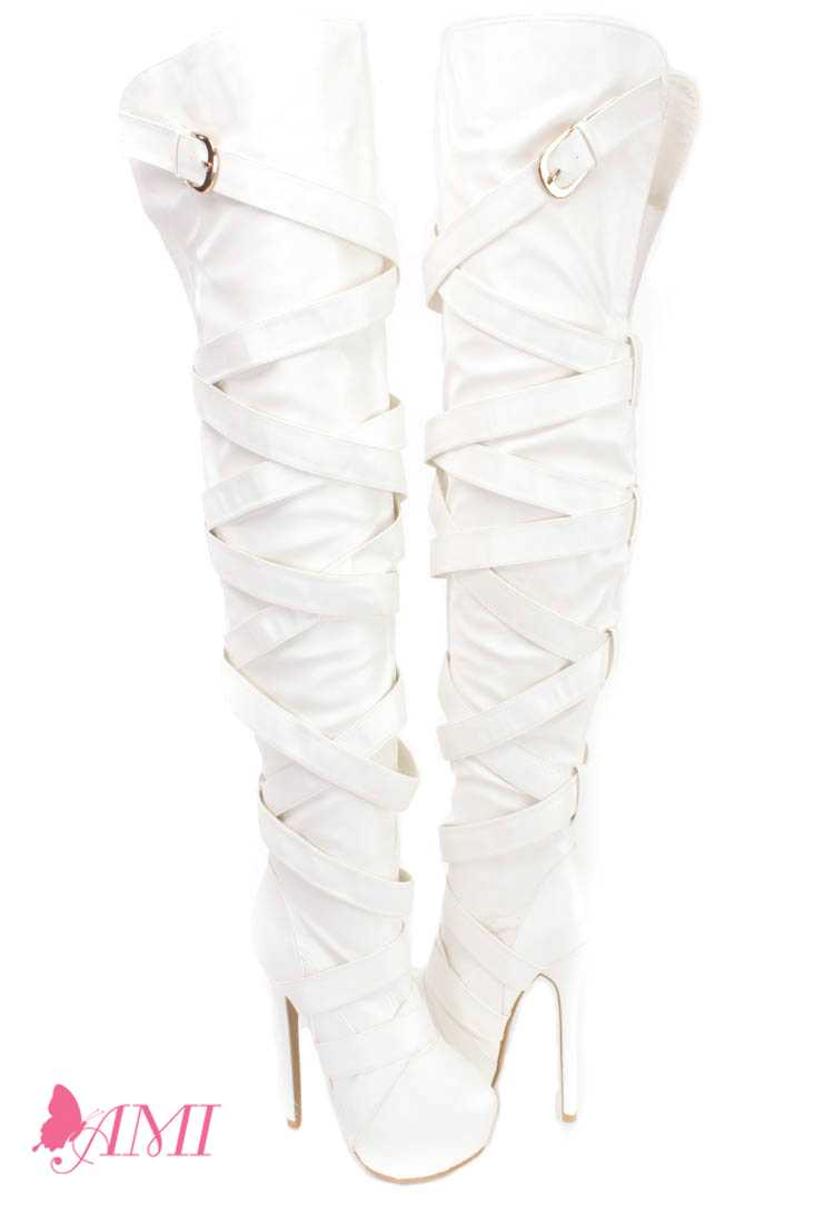 White Wrap Around Strap Thigh High Heel Boots Faux Leather