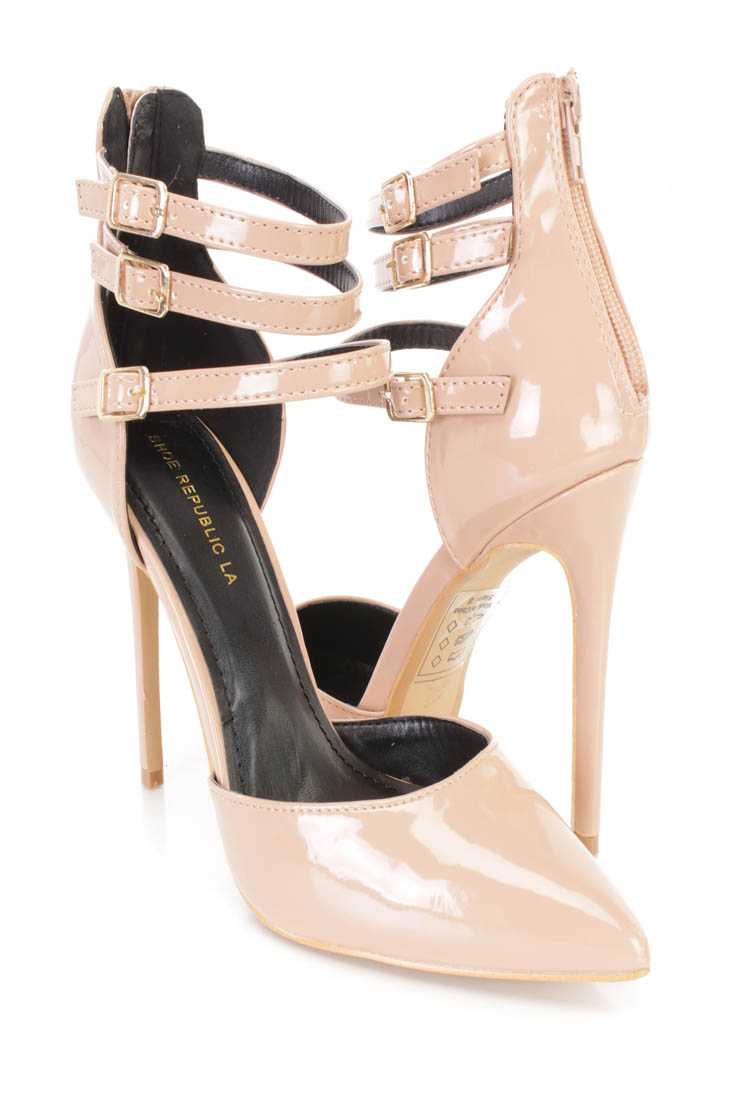 Taupe Pointy Toe Strappy Single Sole Stiletto Heels Patent