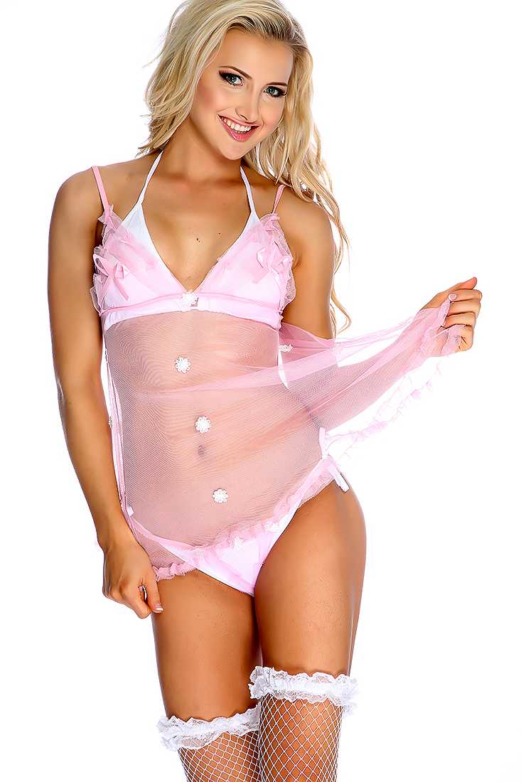 Pink Floral Bow Tie Detailed 2 Piece Babydoll