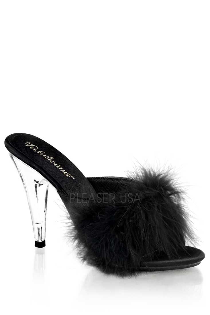 Black Faux Fur High Heels Satin