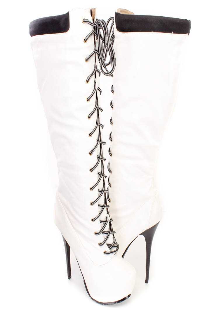White Lace Up 6 Inch Stiletto High Heel Boots Faux Leather