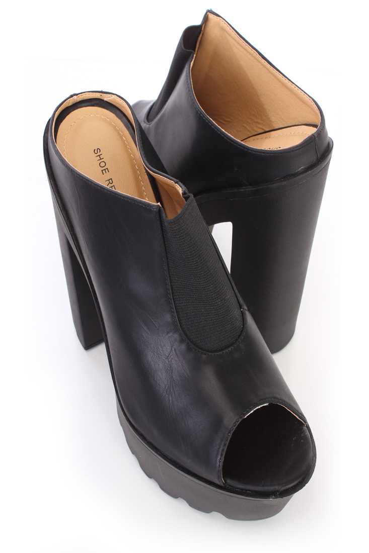 Black Slip On Peep Toe Chunky Platform High Heels Faux Leather
