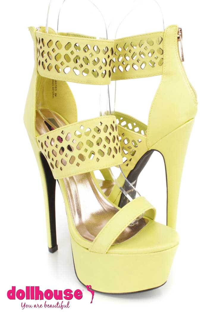 Lime Perforated Strappy Platform 6 Inch High Heels Faux Leather