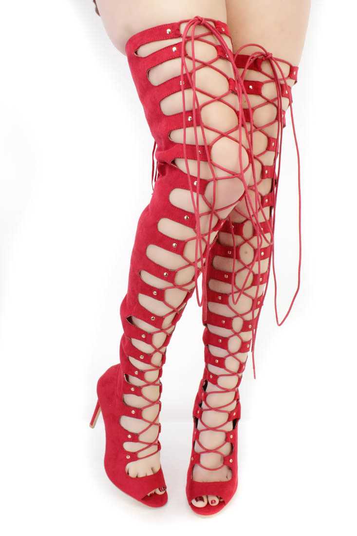 Red Lace Up Thigh High Heel Boots Faux Suede