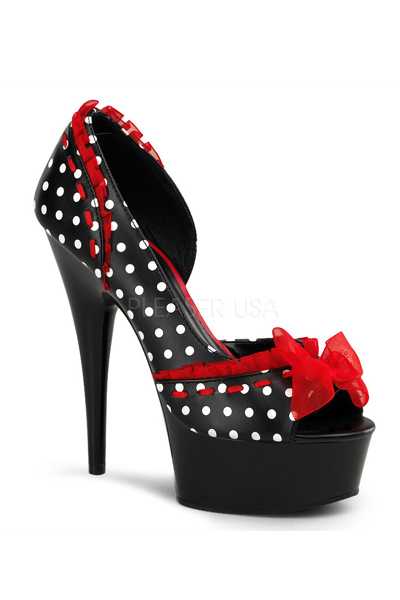 Black Polka Dot Print Ruffled Peep Toe High Heels