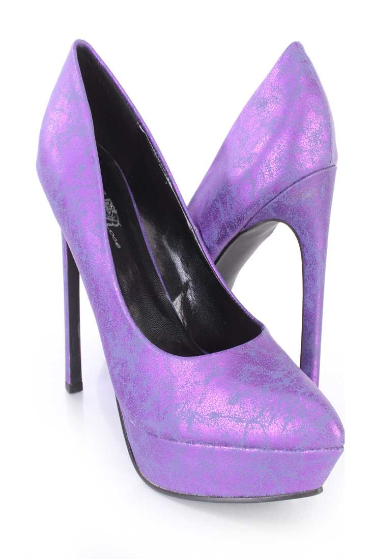 Purple Pointed Platform Pumps High Heels Metallic Faux Leather