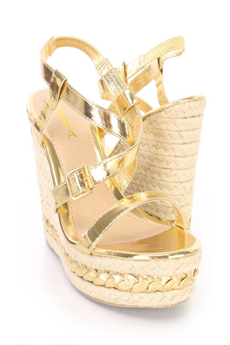 Gold Cross Strappy Espadrille Platform Wedges Faux Leather