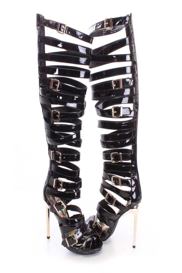 Black Strappy Gladiator Stiletto High Heels Patent