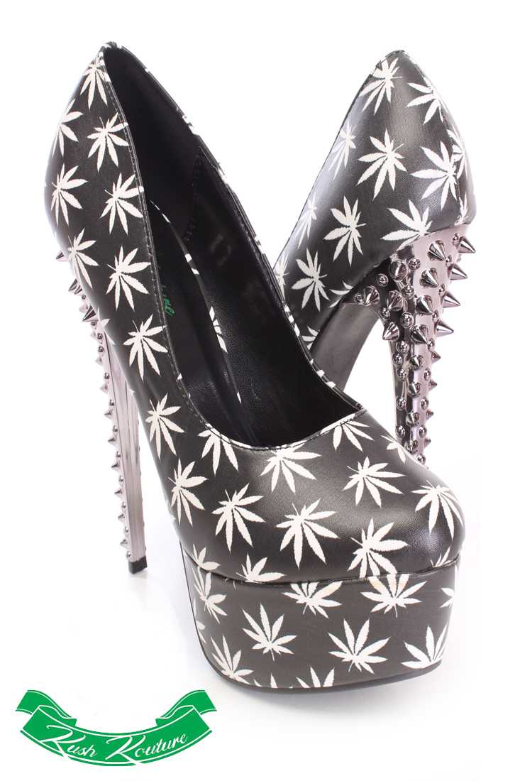 Black White Herbal Leaf Pump High Heels Faux Leather