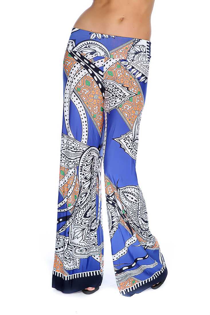 Royal Blue White Paisley Print Wide Leg Cute Casual Pants