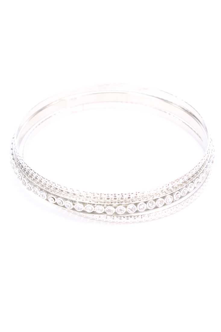 Silver High Polish Rhinestone Design Three Paired Detailed Bracelets