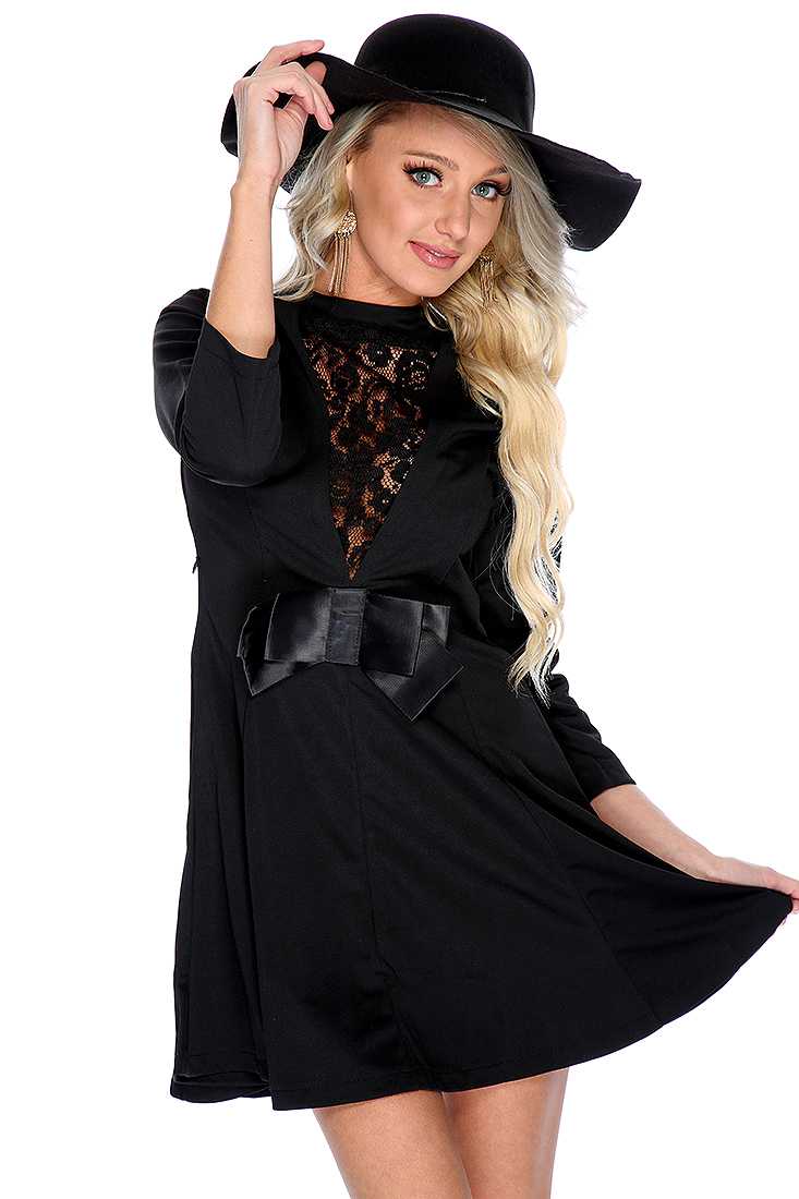 Sexy Black Quarter Sleeves Lace Bow Tie Party Dress