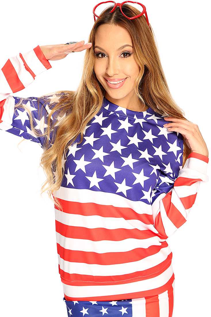 America Flag Printed Long Sleeve Round Neckline Sweather