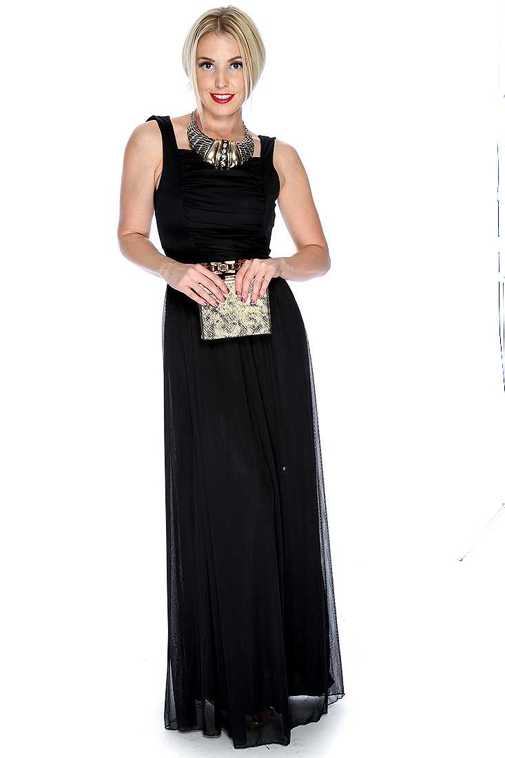Sexy Black Ruched Draped Back Belted Maxi Prom Dress