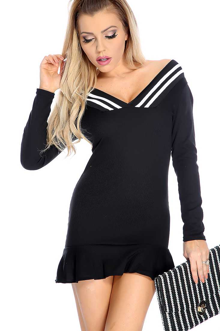 Sexy Black Striped V-neck Casual Dress