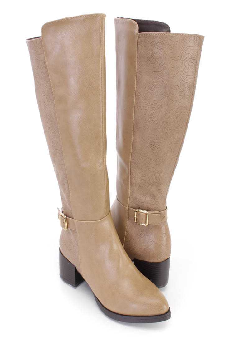Taupe Paisley Embossed Riding Boots Faux Leather