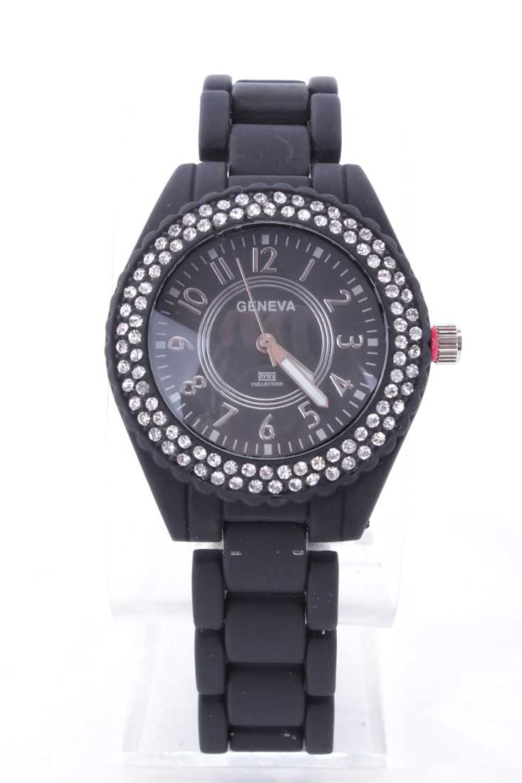 Black Rhinestone Round Frame Rubber Band Watch