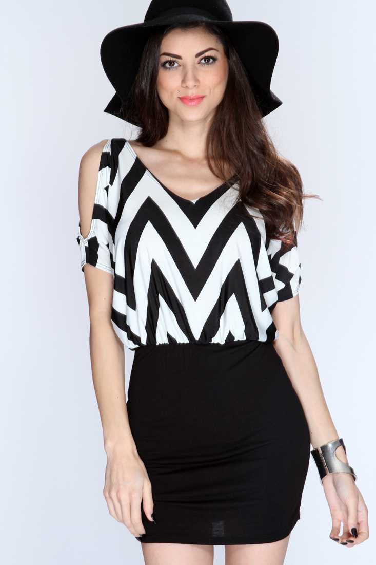 Black White Chevron Print Bare Shoulders Sexy Dress