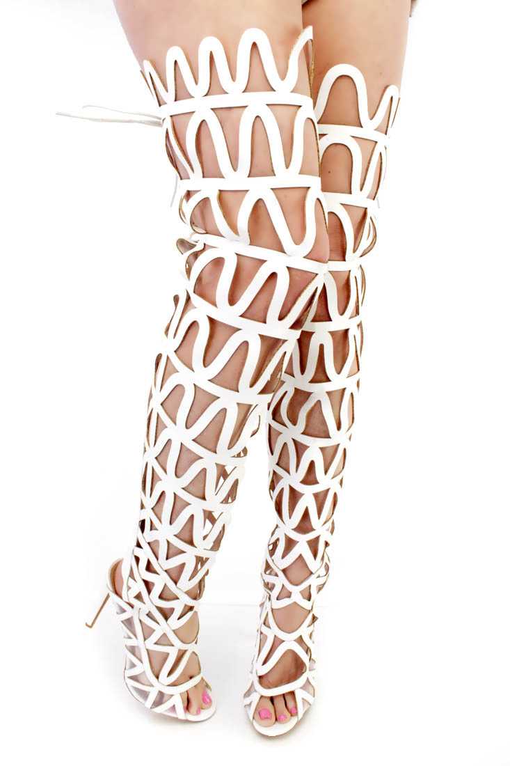 White Cut Out Design Gladiator High Heels Faux Leather