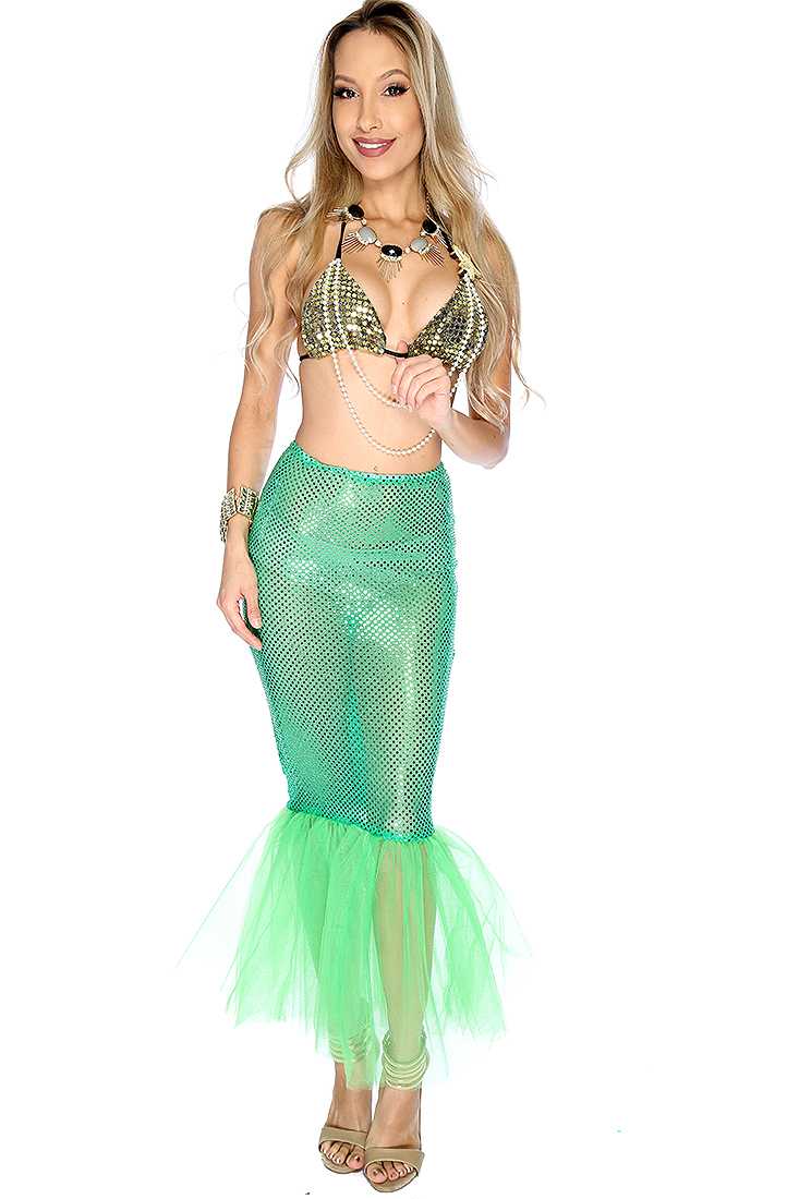Gold Green Sequin Faux Pearl 2.Piece Mermaid Costume