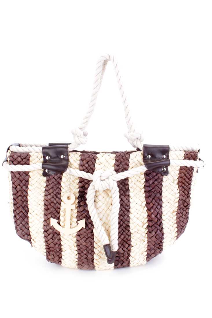 Brown Beige Striped Straw Woven Beach Roped Tote Handbag