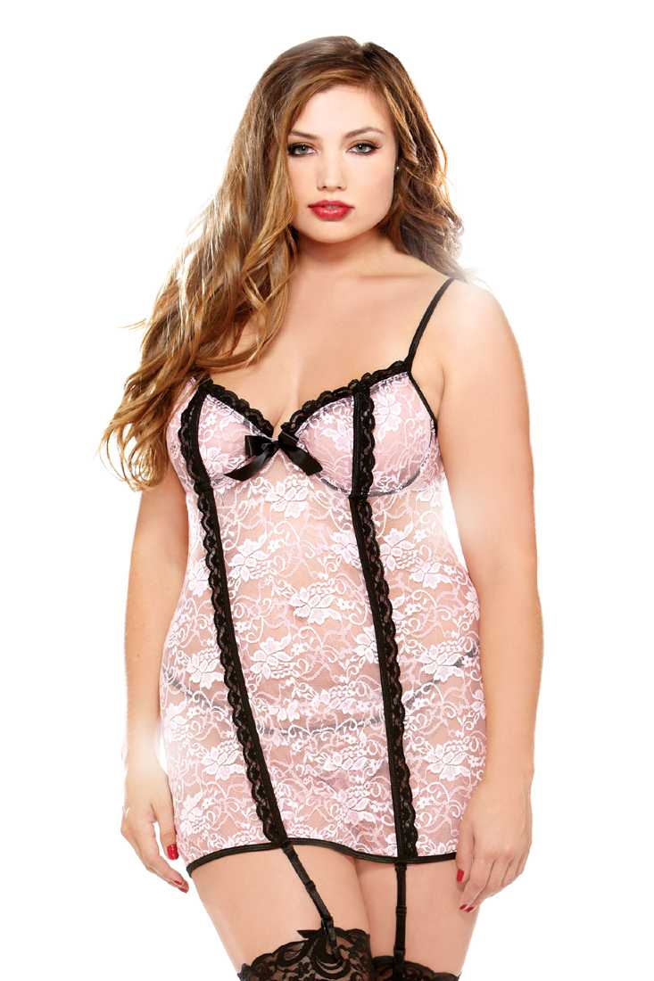 Blush Under Wire Chemise with Detachable Garters Matching Thong Lingerie Plus Size