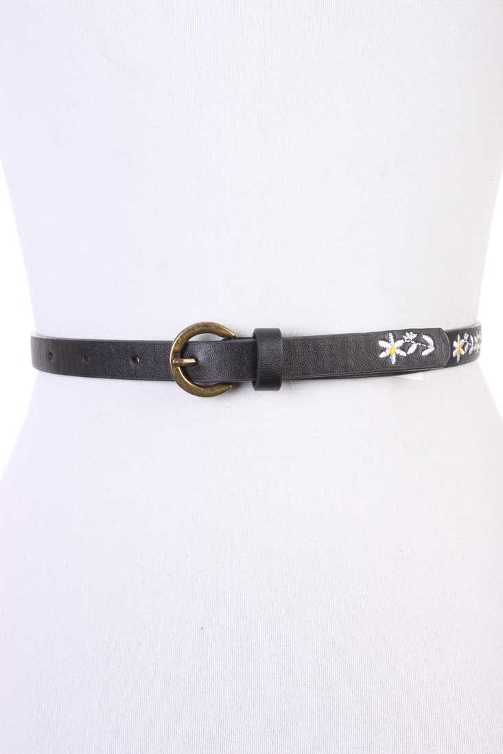 Black Floral Design Faux Leather Belt