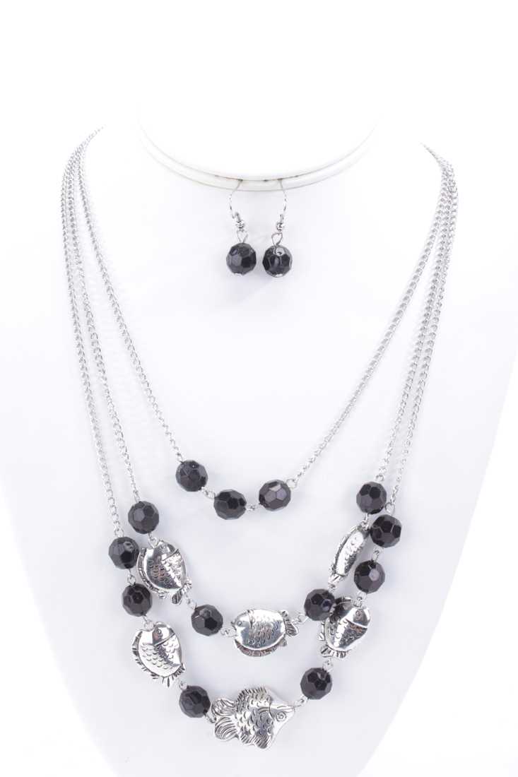 Black Fish Charms Beaded Decor Layered Accessory Set