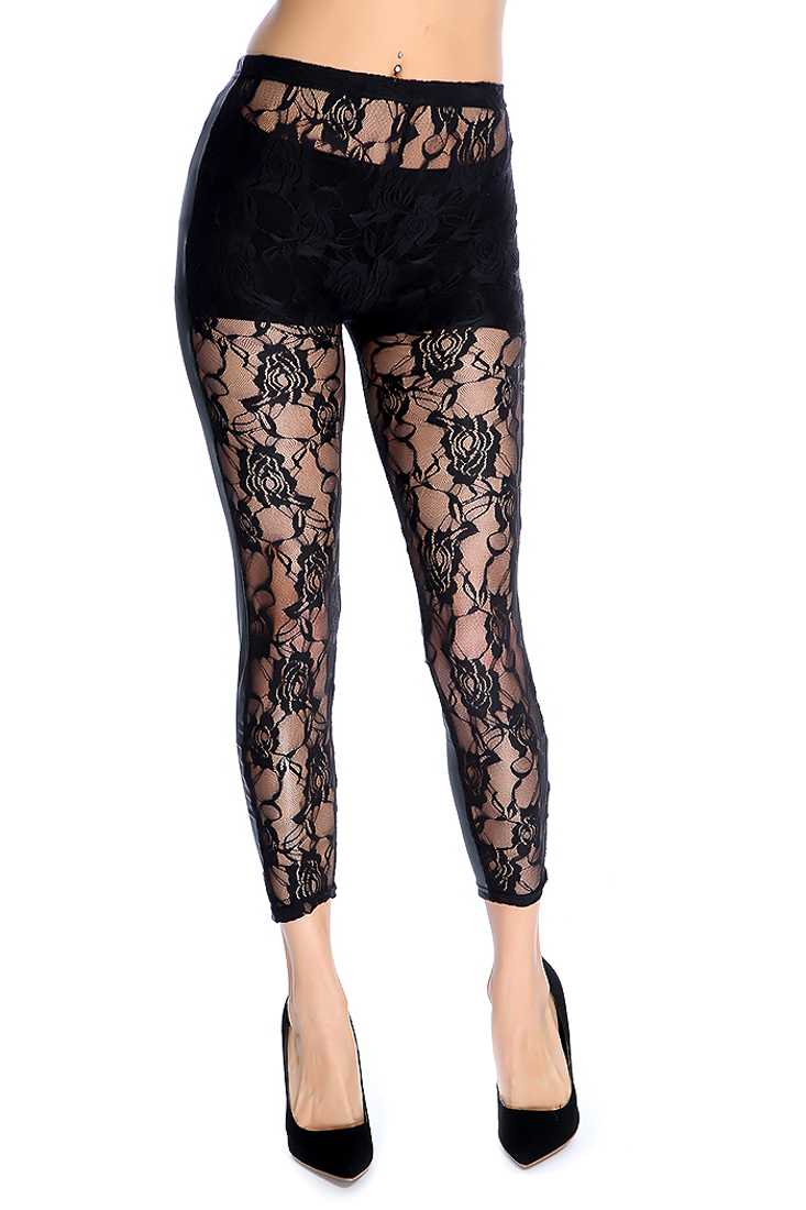 Sexy Black Faux Leather Floral Lace Detail Leggings
