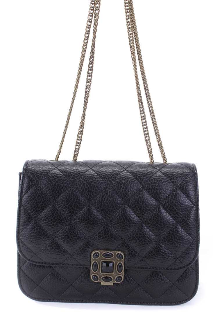 Black Quilted Texture Chain Link Strap Shoulder Handbag