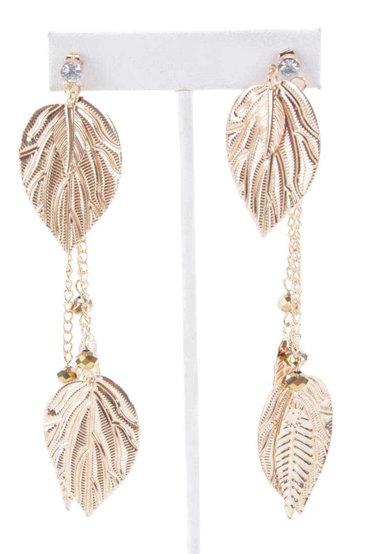 Vintage Gold Textured Leaf Chain Beaded Earrings